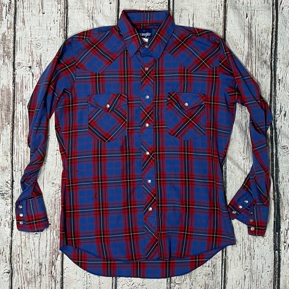 Vintage Wrangler Western Pearl Snap Rockabilly Plaid Button Down Shirt